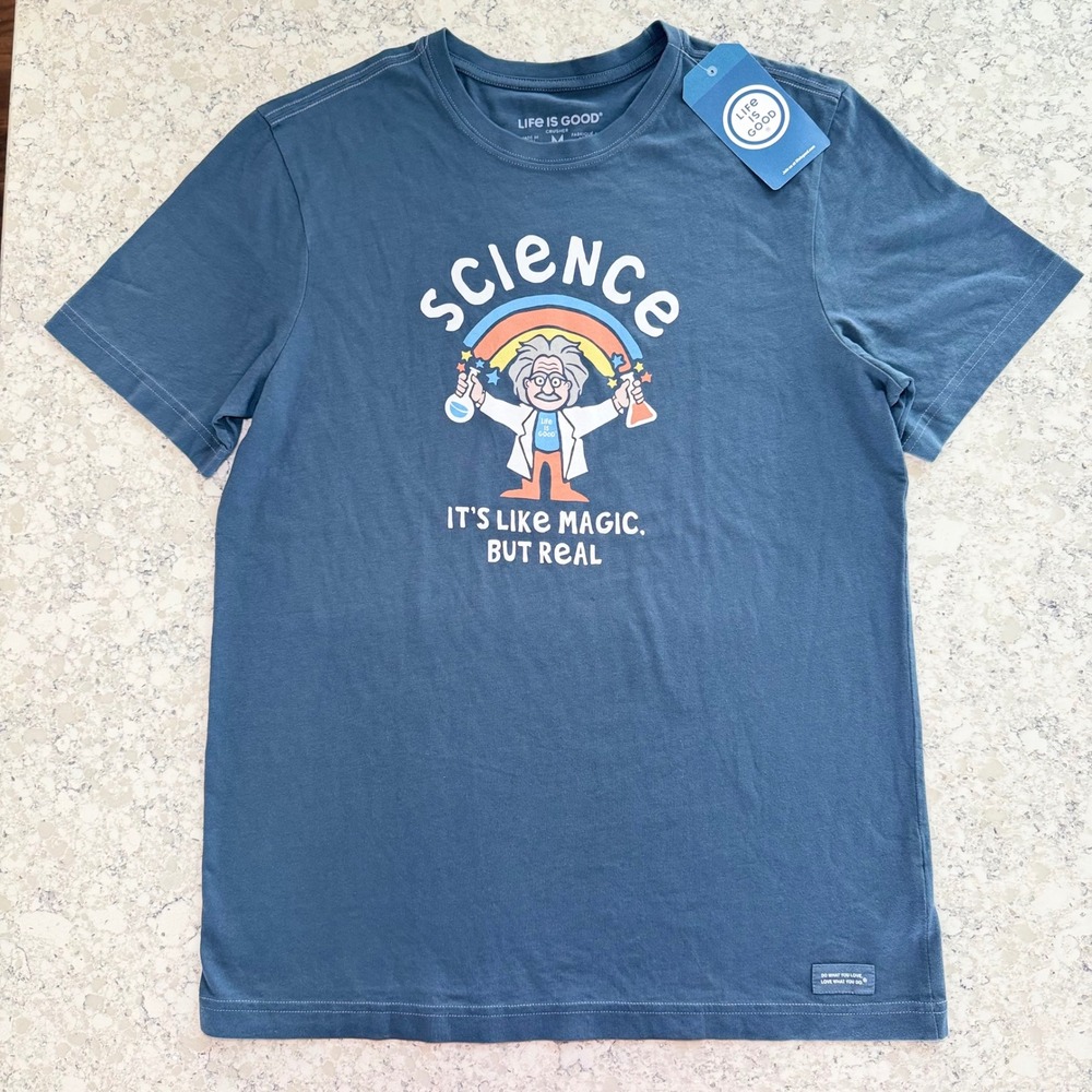 NWT Life is Good Mens Science Magic But Real Crusher Tee Blue Medium